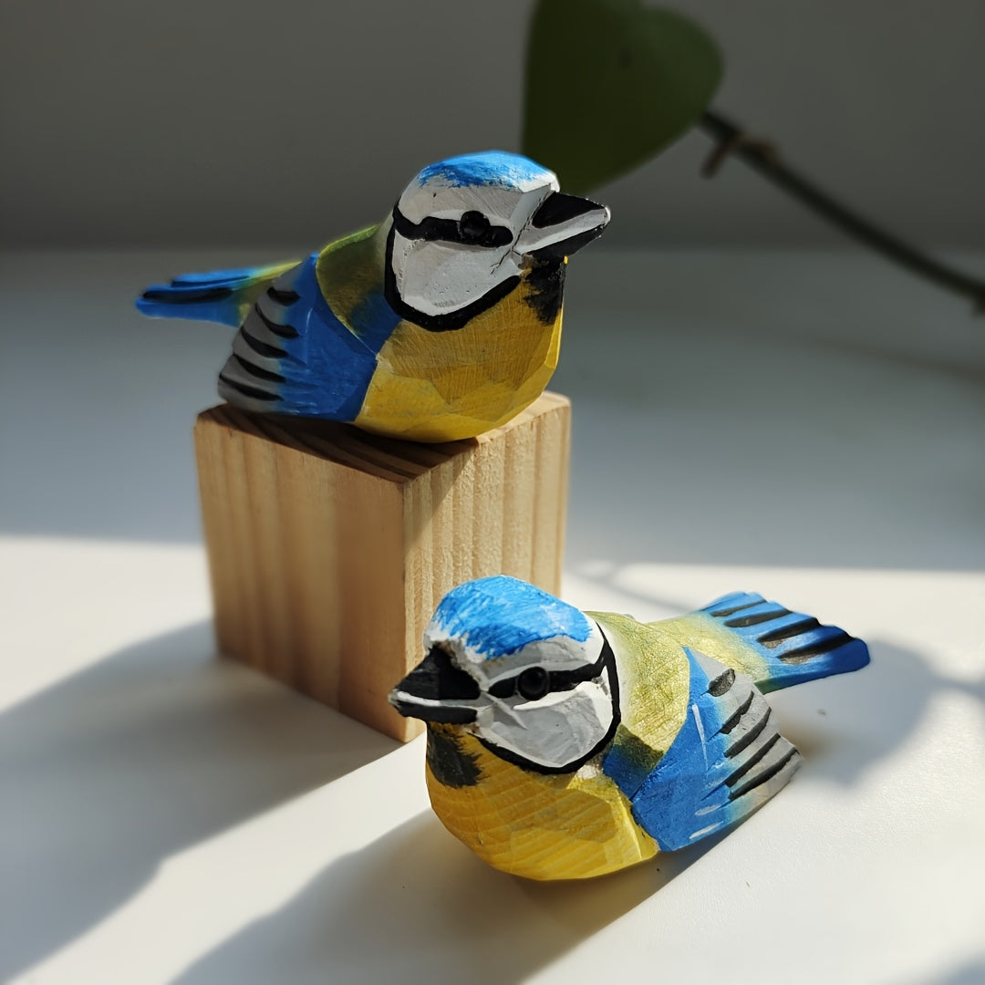 Hand-Carved European Blue Tit Wooden Sculpture