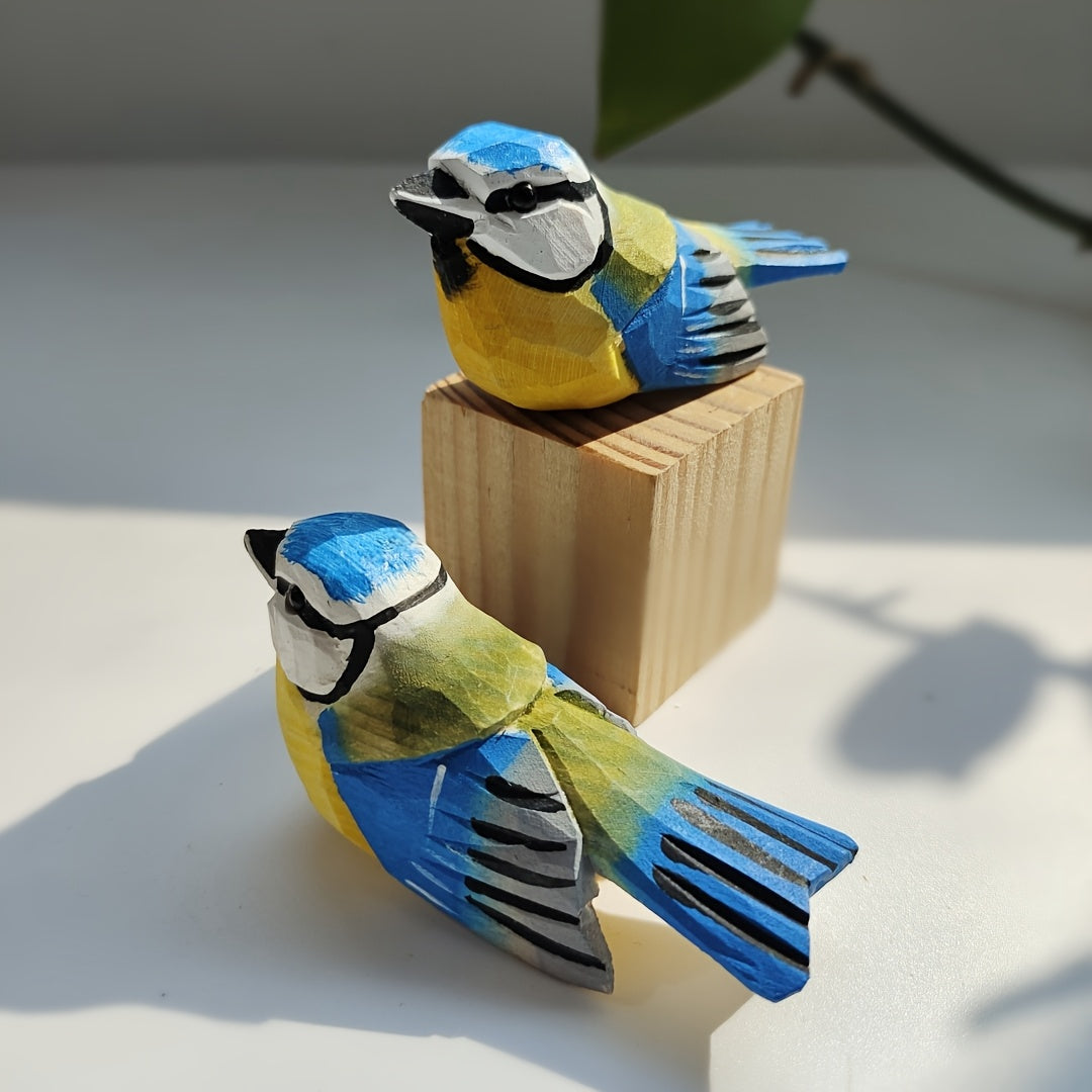Hand-Carved European Blue Tit Wooden Sculpture