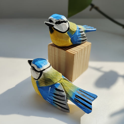 Hand-Carved European Blue Tit Wooden Sculpture