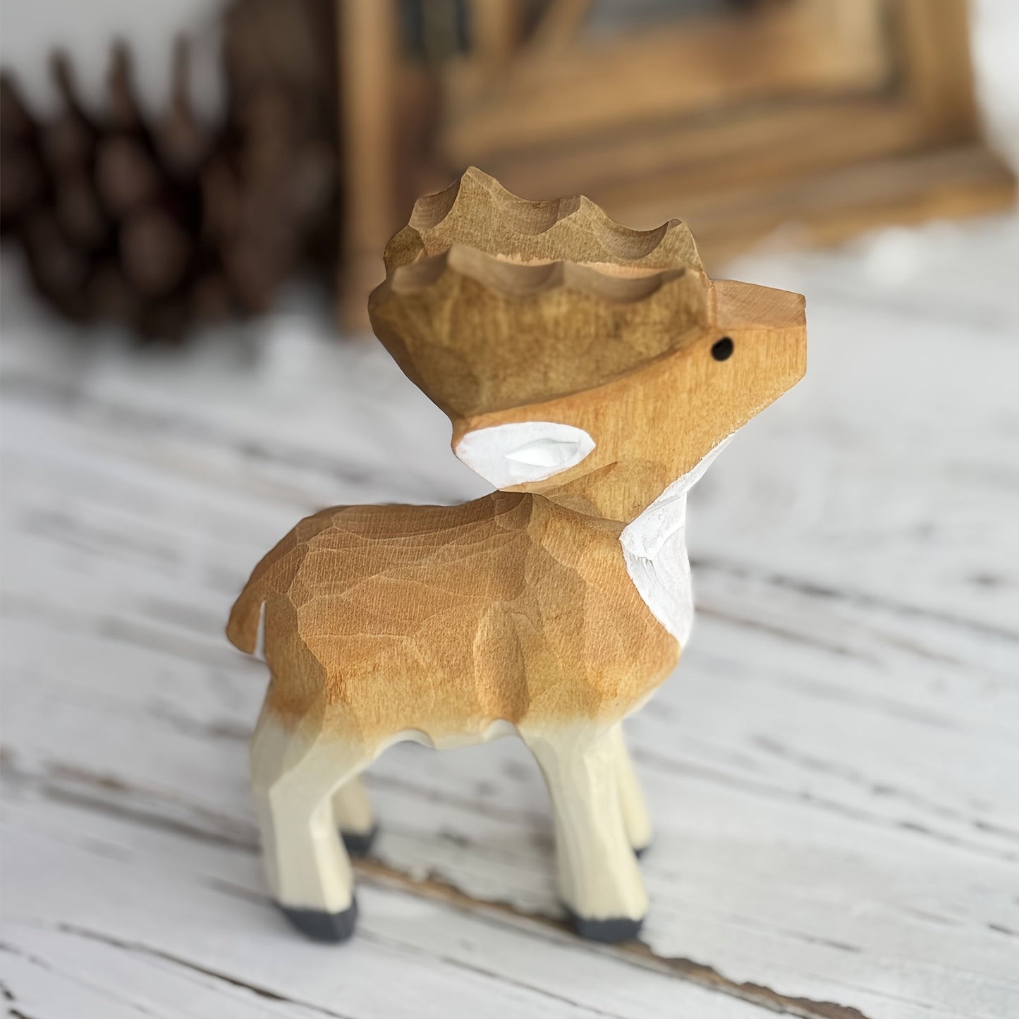 Hand-Carved Wooden Deer Figurine with Antlers