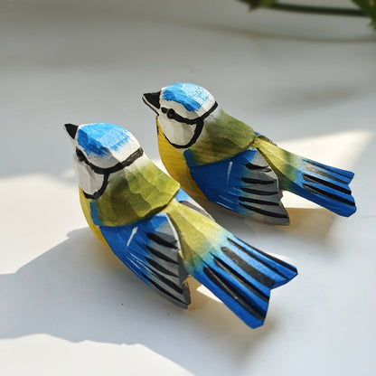 Hand-Carved European Blue Tit Wooden Sculpture