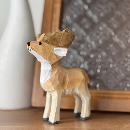 Hand-Carved Wooden Deer Figurine with Antlers