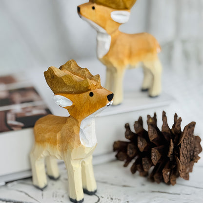 Hand-Carved Wooden Deer Figurine with Antlers